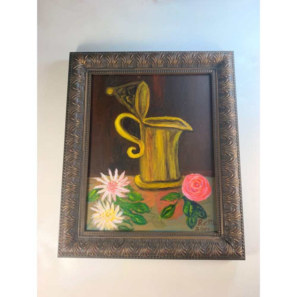 Retta Original Still Life Oil Painting 21x17 Gold Pitcher Floral Excellent 2001